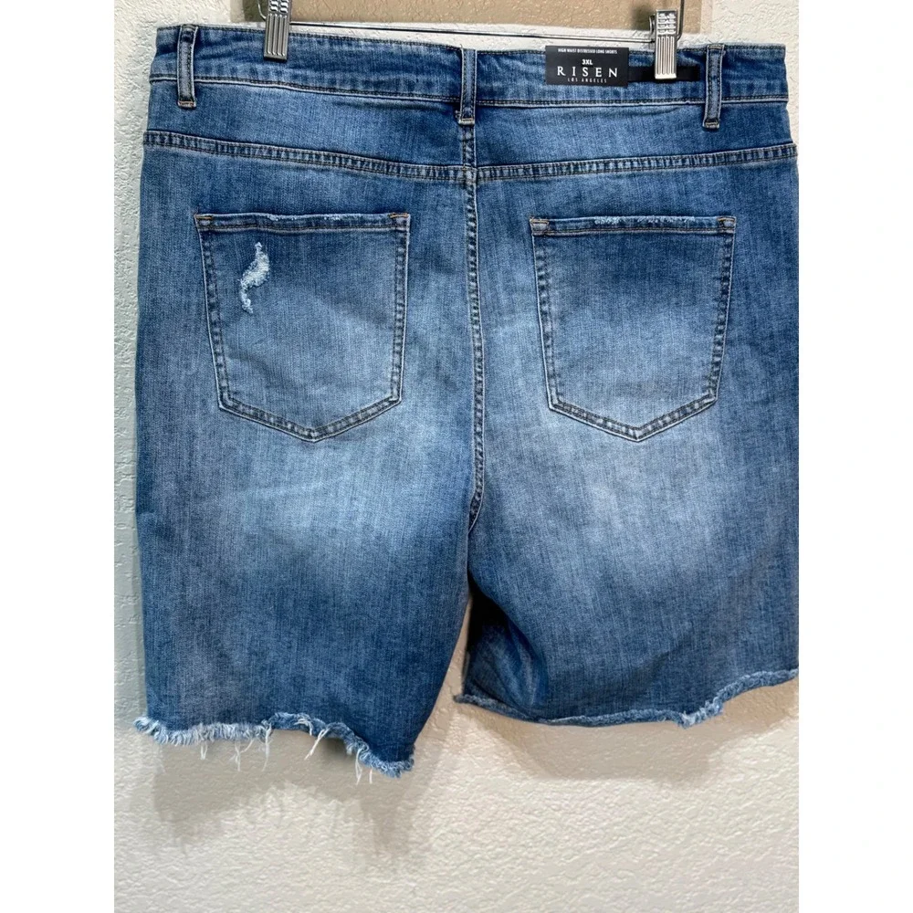 RISEN Women 3XL High Waist Distressed Denim Cut Off Long Jean Shorts NWT